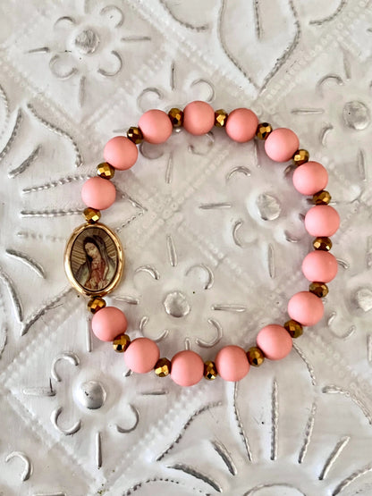 Madone – Bracelet rose poudré & perles bronze Arastuce