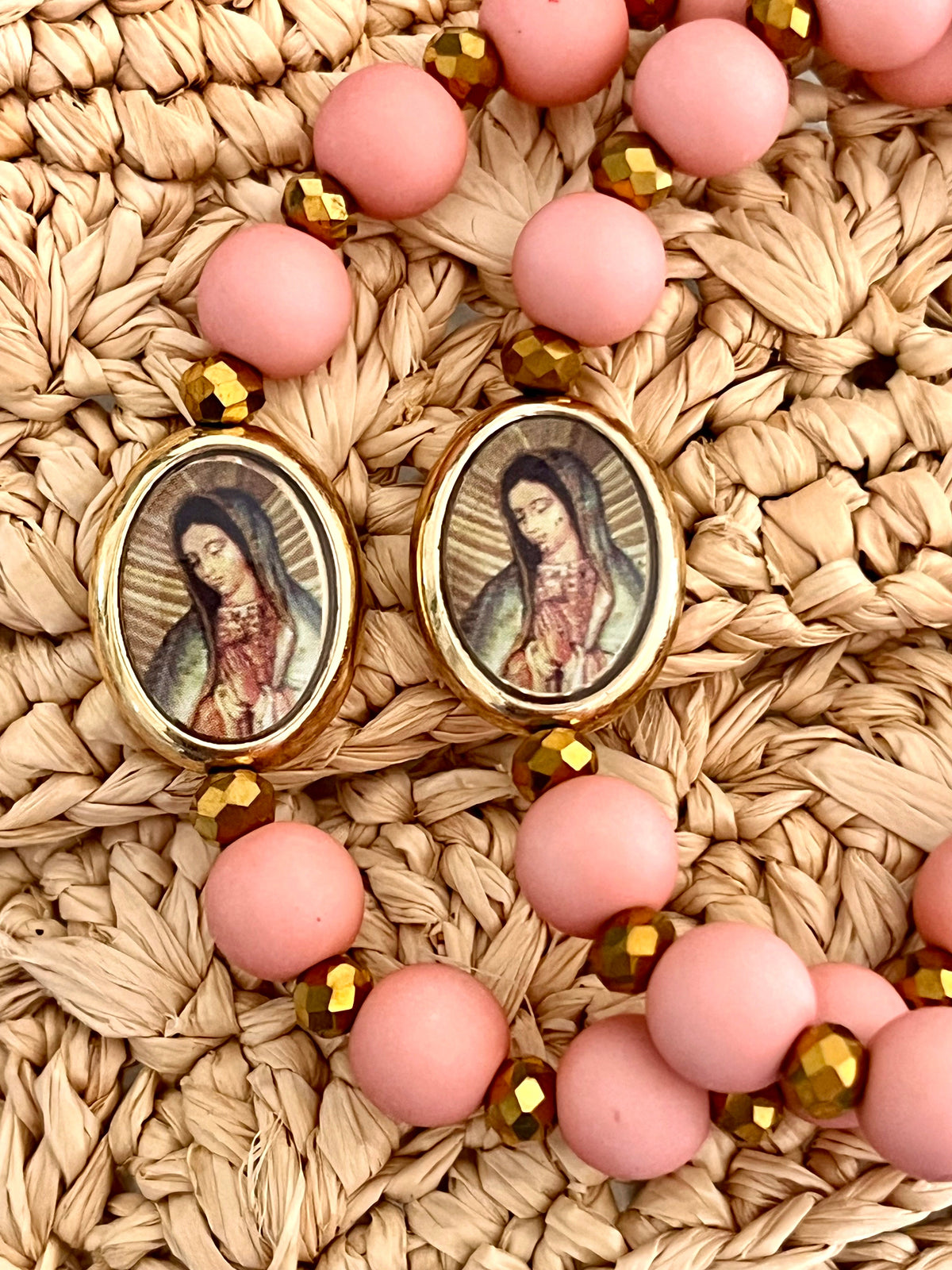 Madone – Bracelet rose poudré & perles bronze Arastuce