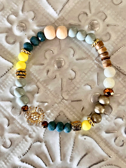 LISE – Bracelet bleu gris & fleur tchèques Arastuce