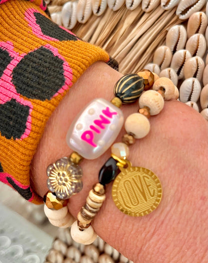 PINK – Bracelet résine rose & perles bois naturel Arastuce