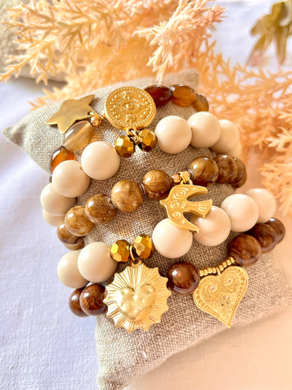 Céleste- Bracelet en pierre naturelle et médaille symbole. Arastuce