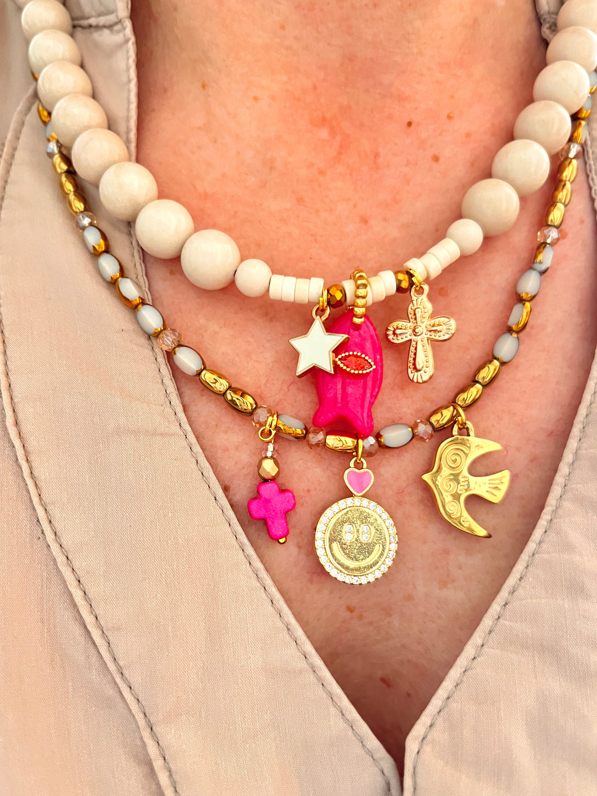 Oxilyo ROSE - Ras de cou en pierre naturelle et son trio de charm's Ma boutique
